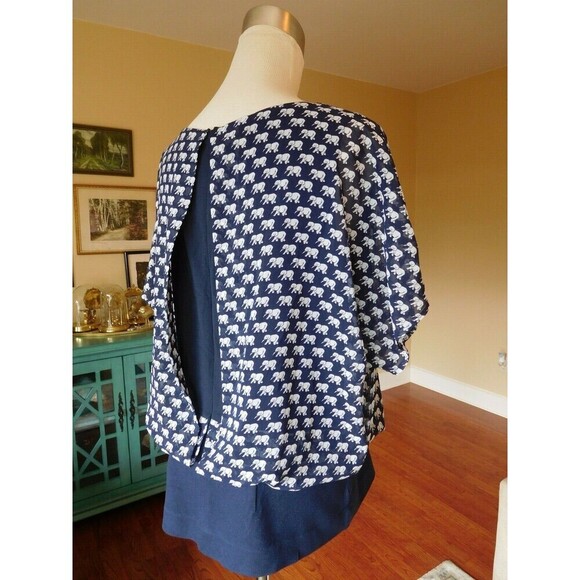 Darling Cabi# 5345 "Parade Blouse" Elephant Print Navy/White Overlay Top SZ S - Picture 8 of 9